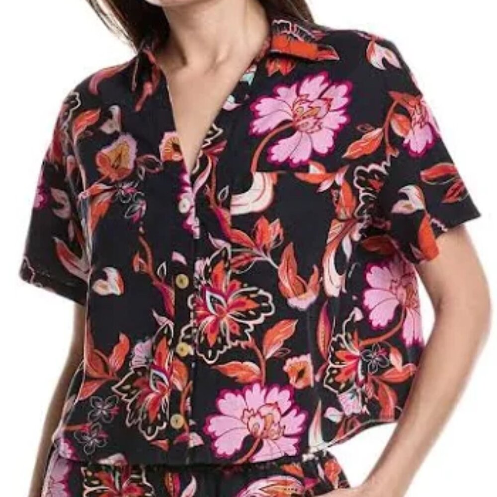 Laundry Tropical Hawaiian Print Navy Linen Cropped Shirt